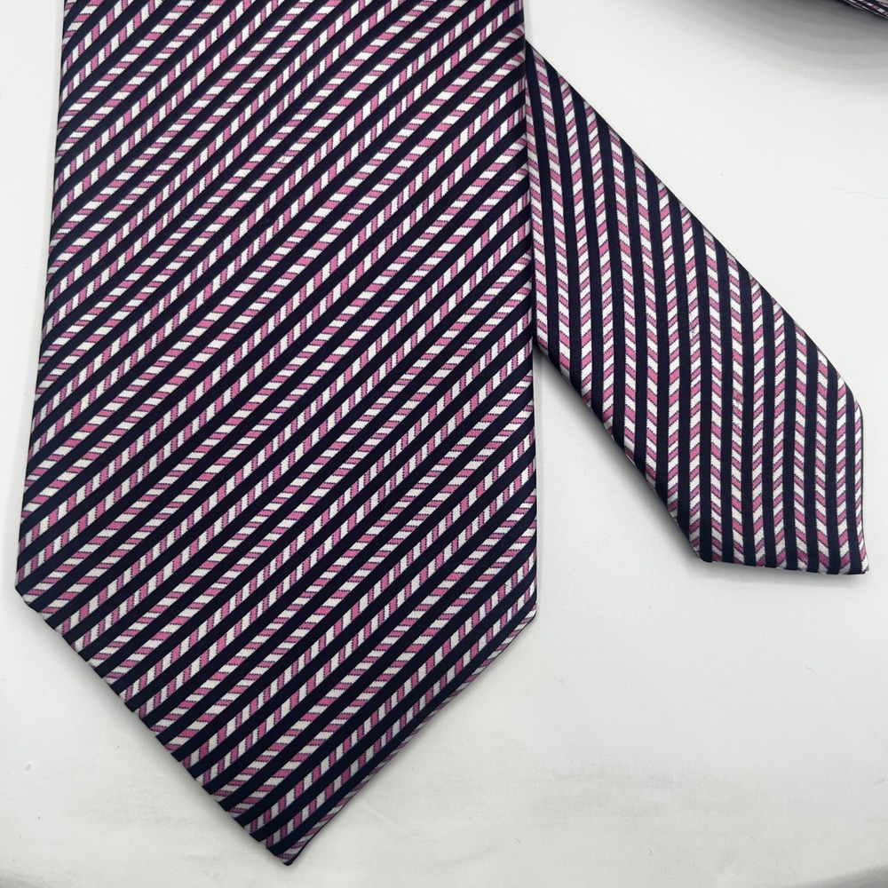 Stefano Ricci Mens Silk Tie Navy Blue Pink White Diagonal Stripe Made in Italy